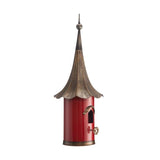 Outdoor Red Metal Bird House with Vintage Bronze Phonograph Style Roof