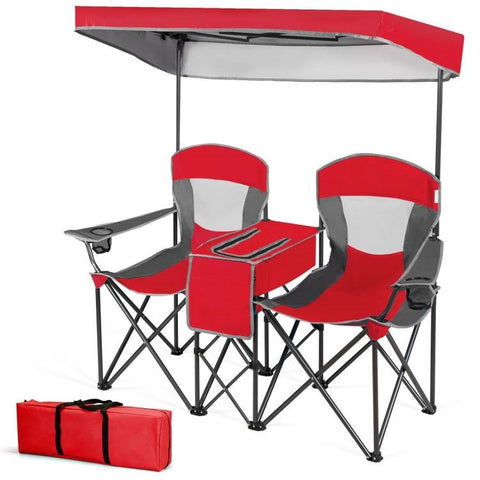 Red 2-Piece Folding Camping Canopy Chairs Set with Cup Holder and Storage Pocket