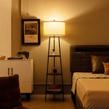 Modern Floor Lamp 3-Tier Bookcase Shelf with Round Drum Linen Lampshade