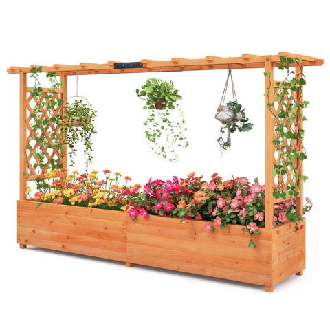 Solid Fir Wood Rectangle Raised Garden Bed with Side Trellis