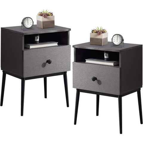 Set of 2 - Mid Century Modern Side Table Nightstand in Grey Black Wood Finish