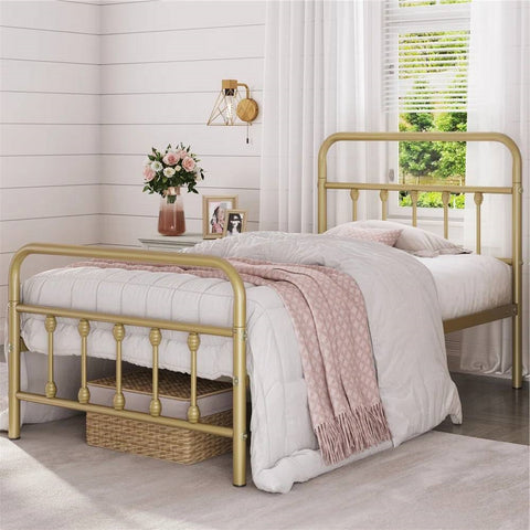 Twin Vintage Antique Gold Metal Platform Bed with Headboard and Footboard