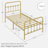 Twin Vintage Antique Gold Metal Platform Bed with Headboard and Footboard