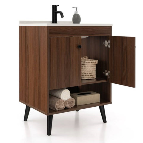 Modern Mid-Century Walnut Wood Bathroom Vanity with Sink Faucet and Pop-up Drain