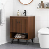 Modern Mid-Century Walnut Wood Bathroom Vanity with Sink Faucet and Pop-up Drain