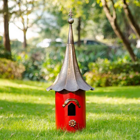 Red Metal Birdhouse with Copper Bronze Finish Gramophone Roof