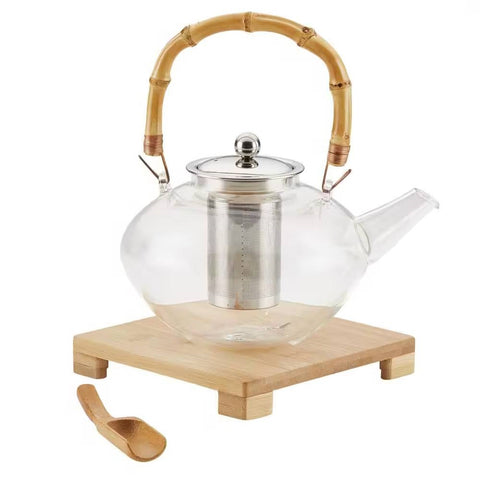 1 Quart Glass Teapot Kettle with Stainless Steel Tea Infuser and Bamboo Handle