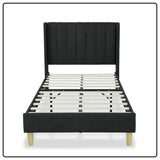 Twin size Mid-Century Black Linen Platform Bed Frame with Upholstered Headboard