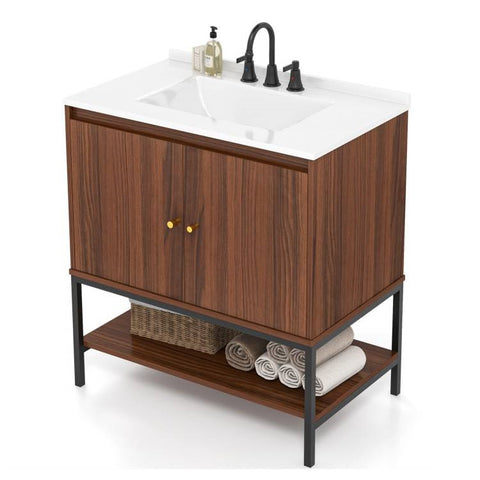 Modern Walnut Wood Finish Bathroom Vanity with White Sink
