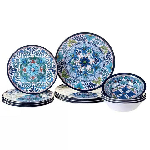 12-Piece Melamine Dinnerware Plates Bowls Set with Blue Floral Pattern