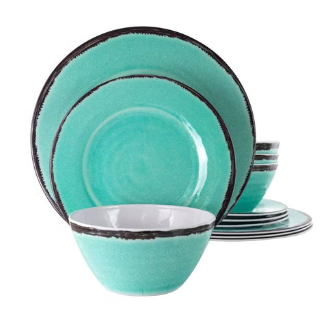 12-Piece Melamine Plates Bowls Dinnerware Set in Turquoise Blue - Service for 4
