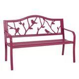 Red Steel Frame Outdoor Patio Garden Bench with Bird Branch Pattern Backrest