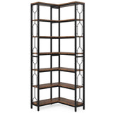 Industrial 7-Tier Metal/Wood Corner Bookcase in Black/Brown