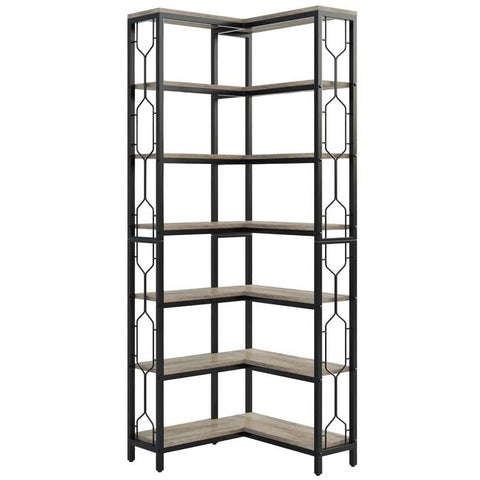 Industrial 7-Tier Metal/Wood Corner Bookcase Black/Grey
