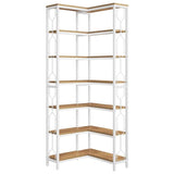 Industrial 7-Tier Metal/Wood Corner Bookcase in White/Natural