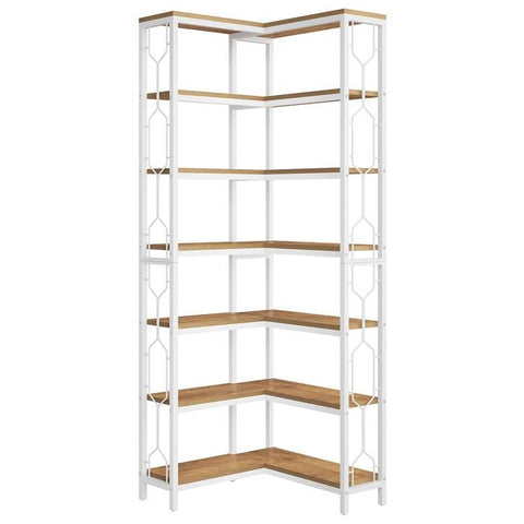 Industrial 7-Tier Metal/Wood Corner Bookcase in White/Natural
