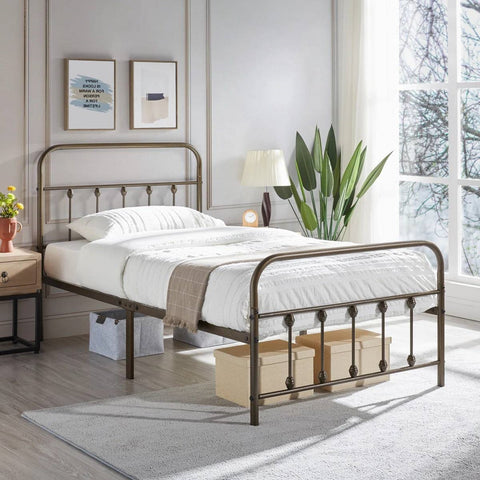 Twin size Vintage Bronze Metal Platform Bed Frame with Headboard and Footboard