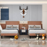 Set of 2 - Twin size Brown Tan Tufted Upholstered Platform Bed with Headboard
