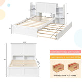 Twin/Full Wood Platform Bed w/ Trundle and Storage Bookcase Headboard in White