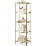 Narrow Gold Metal Frame Glass Shelves Shelving Unit Slim 4-Shelf Bookcase