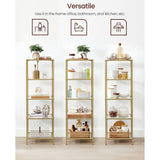 Narrow Gold Metal Frame Glass Shelves Shelving Unit Slim 4-Shelf Bookcase
