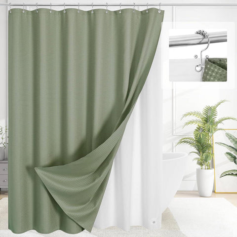 72"W x 84"H Sage Green Waffle Textured 3 in 1 Shower Curtain Set