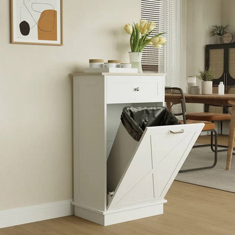 Trash Can Cabinet in White Wood Finish - Accommodates 10-Gallon Trash Bin