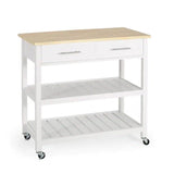 Modern White Kitchen Island Cart with Wood Top 2 Drawers and 2 Bottom Shelves