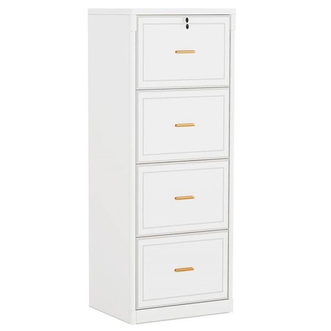 Vertical File Cabinet in White Wood Finish with 4 Lockable Storage Drawers