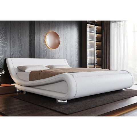 King Modern White Upholstered Platform Bed Frame with Sleigh Curved Headboard