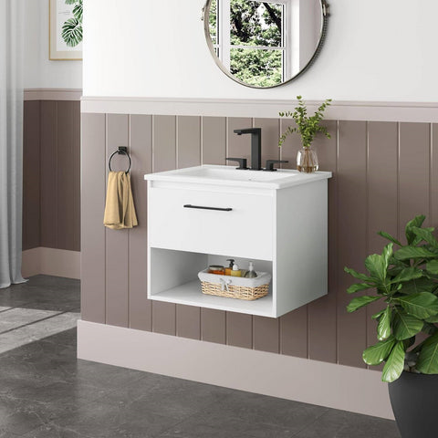 Modern Wall Mounted Bathroom Vanity in White Wood Finish with Ceramic Sink