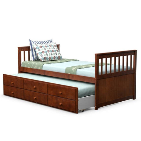 Twin Captains Bed with Pull Out Trundle and 3 Storage Drawers in Walnut Finish