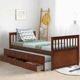 Twin Captains Bed with Pull Out Trundle and 3 Storage Drawers in Walnut Finish