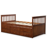 Twin Captains Bed with Pull Out Trundle and 3 Storage Drawers in Walnut Finish