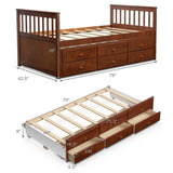 Twin Captains Bed with Pull Out Trundle and 3 Storage Drawers in Walnut Finish