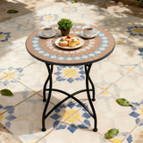 Round 24-inch Blue Beige Mosaic Tile Pattern Bistro Table with Black Metal Legs