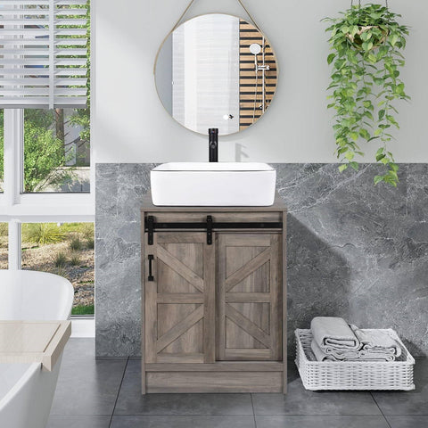 Farmhouse Modern Bathroom Vanity in Rustic Wooden Finish with White Ceramic Sink