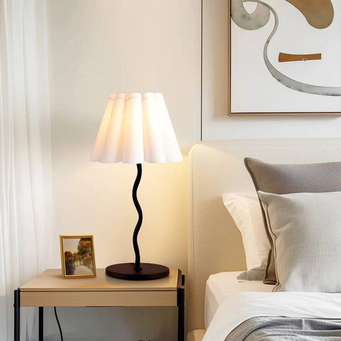 Modern S-Shaped Black Metal Table Lamp with Umbrella-style White Fabric Shade