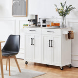 White Kitchen Cart Island with Stainless Steel Top 2 Drawers and Cabinet