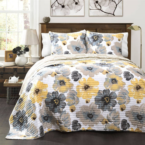 Full/Queen White Yellow Grey Flowers Lightweight Polyester Microfiber Quilt Set