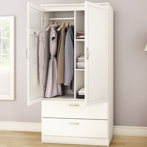 White Armoire Bedroom Clothes Storage Wardrobe Cabinet with 2 Drawers