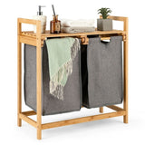 Natural Bamboo 2 Bin Sliding Laundry Hamper with Storage Shelf