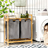 Natural Bamboo 2 Bin Sliding Laundry Hamper with Storage Shelf