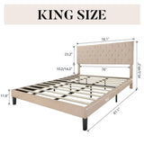 King Size Beige Linen Upholstered Platform Bed with Button-Tufted Headboard