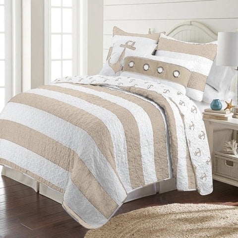 2 Piece Nautical Stripped/Anchors Reversible Microfiber Quilt Set Beige, Twin