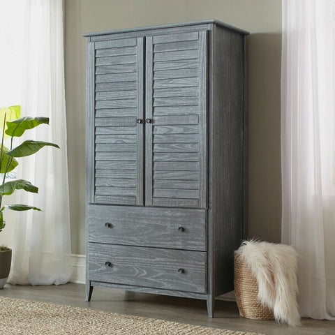 FarmHome Louvered Distressed Grey Solid Pine Armoire