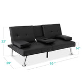 Black Faux Leather Convertible Sofa Futon with 2 Cup Holders