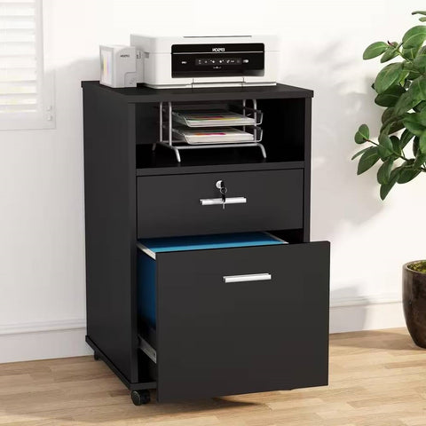 Black Rolling 2-Drawer Mobile File Cabinet Printer Stand Office Cart on Wheels
