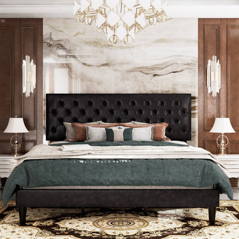Full Black Faux Leather Upholstered Platform Bed with Button-Tufted Headboard
