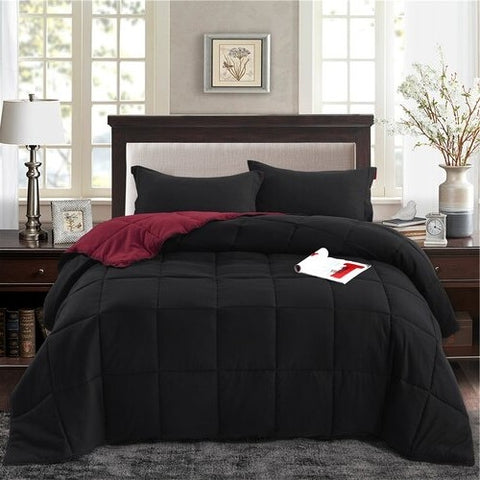 Full/Queen Traditional Microfiber Reversible 3 Piece Comforter Set in Black/Maroon